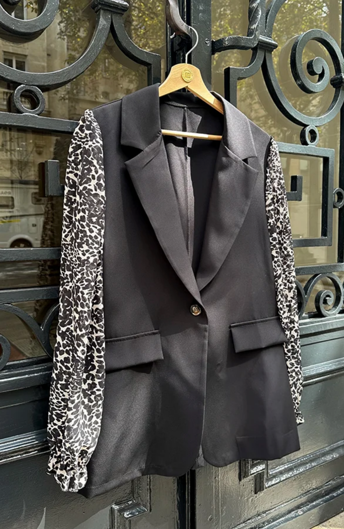 Elegant Black Blazer with Leopard Print Sleeves