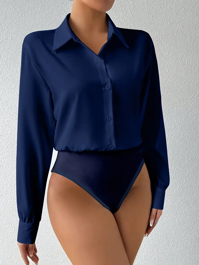 Elysian Elegance | Satin Formal Shirt-Style Bodysuit